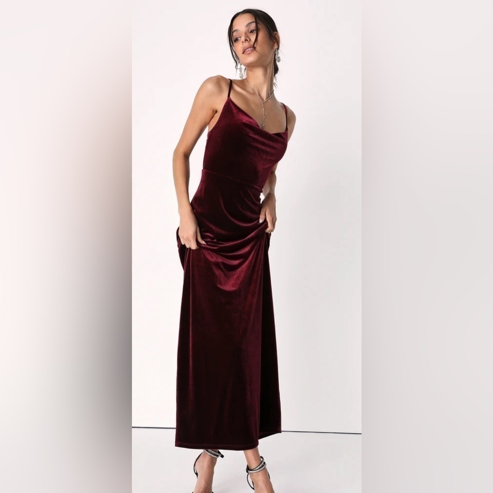 Lulu’s Immensely Impressive Wine Red Velvet Cowl Neck Maxi Dress